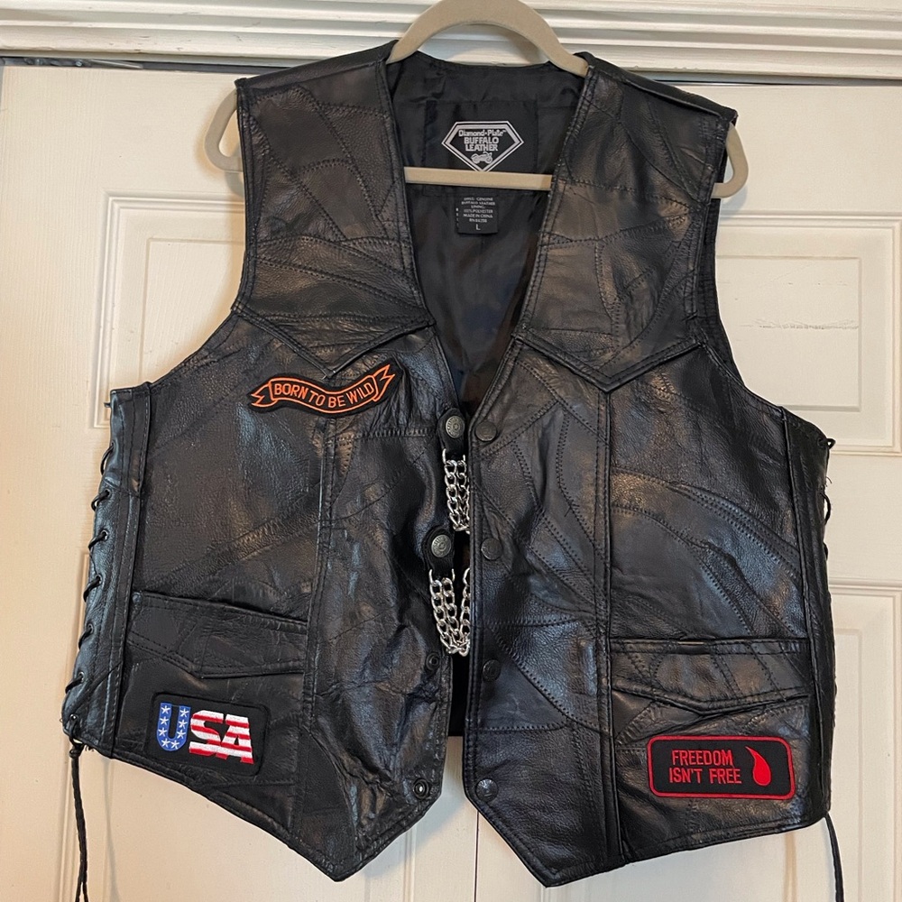 Diamond Plate Buffalo Leather Vest Mens Large Biker Motorcycle